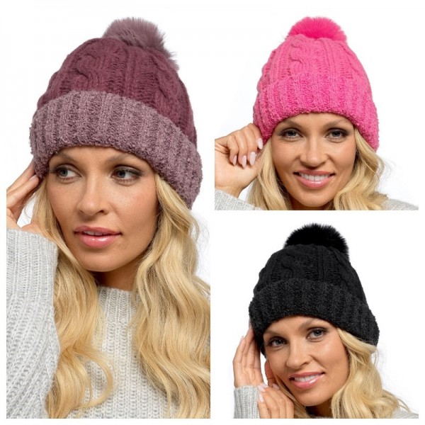 Ladies Chunky Turn Up Beanie Hat (Blk,pl,hp) (12)