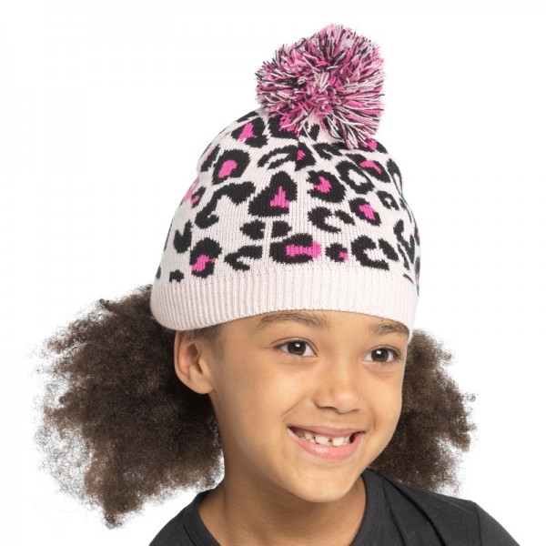 Girls Pink Leopard Print Hat With Bobble (Zero Vat) (12)