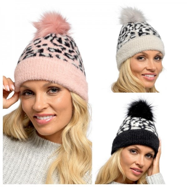 Ladies Furry Animal Print Hat With Bobble (12)