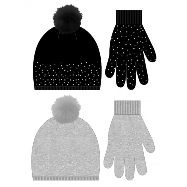 Ladies Hat With Pom Pom & Gloves Set With Diamantes (12)