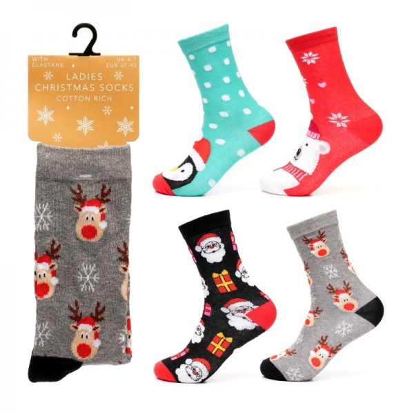 Ladies Cotton Rich Christmas Design Socks (12)