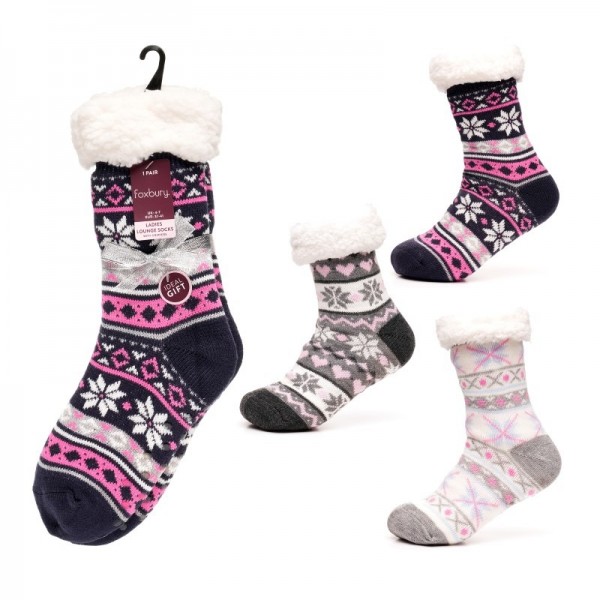 Ladies Fairisle Lounge Socks Sherpa Lined & Gripper (12)