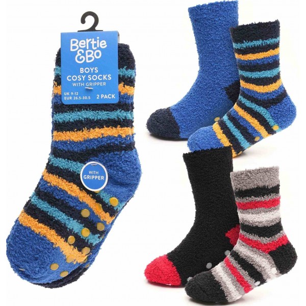 Boys 2pk Stripe Cosy Socks With Gripper (Zero Vat) (12)